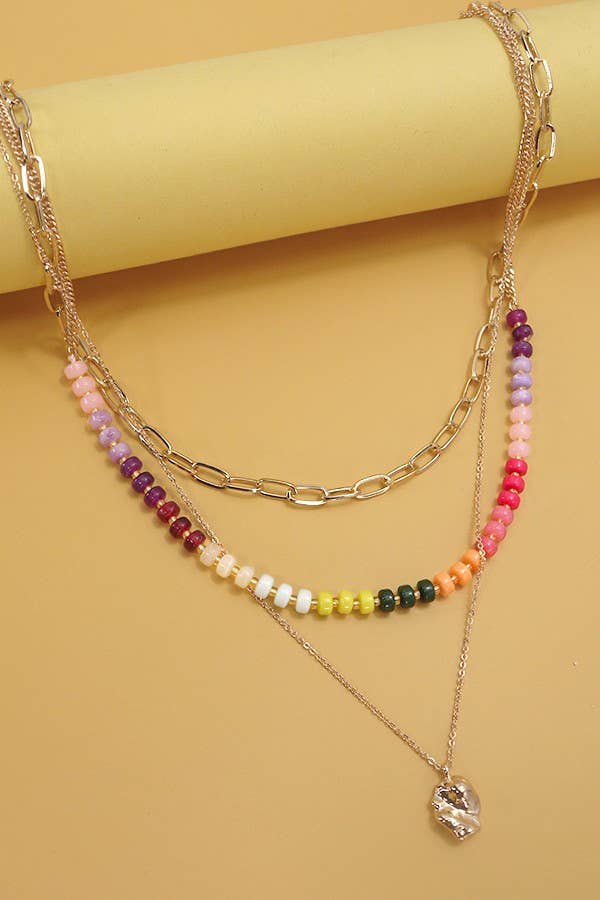 DOUBLE LAYER MULTI BEADED CHARM NECKLACE