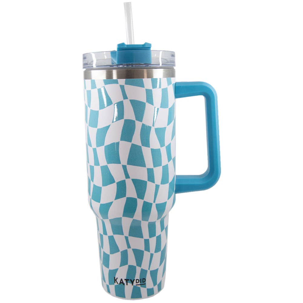 Aqua Checkered Pattern Tumbler Cup w/ Handle