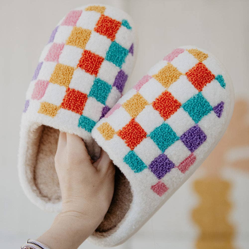 Multicolored Checkered Pattern Fuzzy Slippers: White
